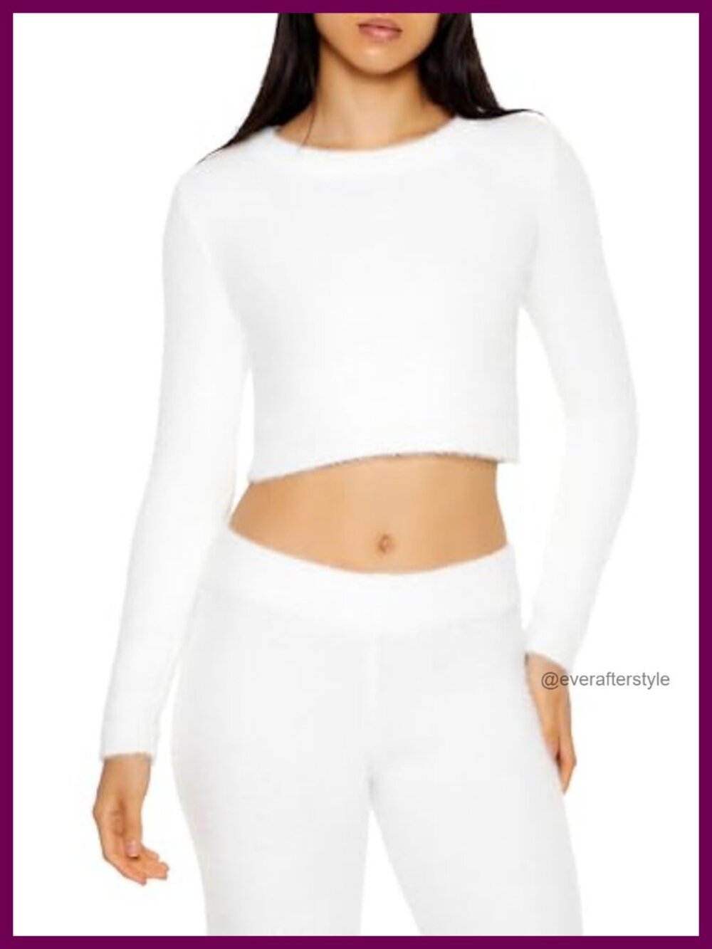 Women's Fuzzy Knit Cropped Sweater, Long Sleeve, Crew Neck, Loose Fit